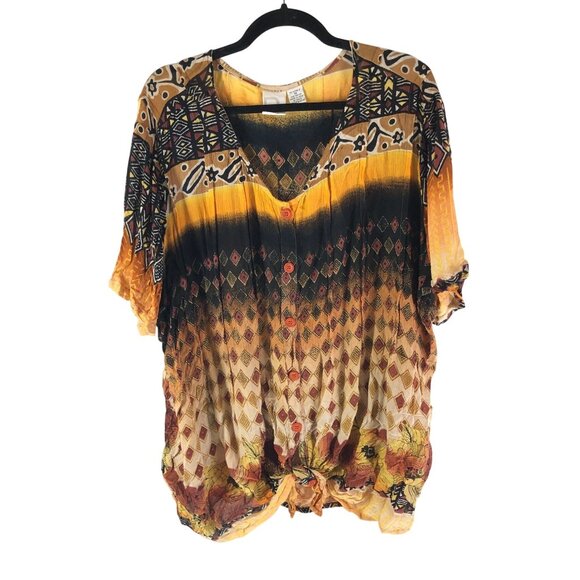 Roamans Womens Tunic Top V Neck Button Front Geometric Yellow Black 1X - Picture 1 of 3